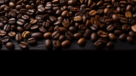 coffee beans on a black wooden background with space for text.の素材