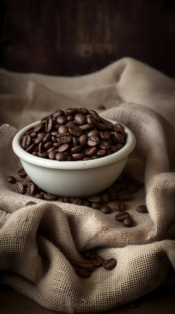 Coffee beans in a white bowl on burlap and wooden backgroundの素材