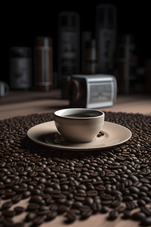 Coffee cup and coffee beans on a wooden table, 3d renderの素材