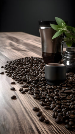 Coffee cup and coffee beans on a wooden table. Dark background.の素材