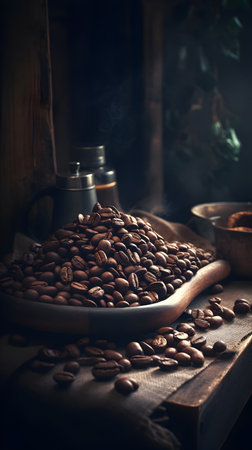 Coffee beans in a wooden scoop on a rustic backgroundの素材