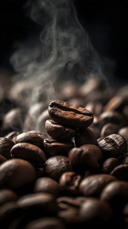 roasted coffee beans on a dark background with smoke close-upの素材