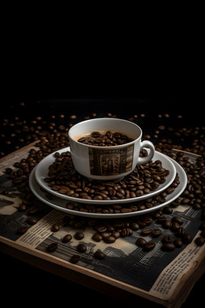 Coffee cup and coffee beans on wooden table with black backgroundの素材