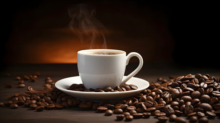 Coffee cup and coffee beans on a wooden table with smokeの素材