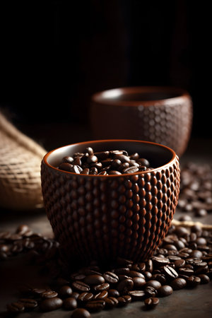 Coffee beans in a ceramic cup on a dark background.の素材