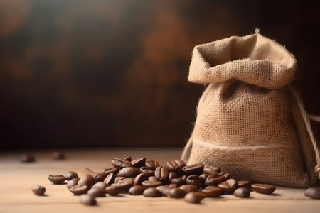 coffee beans in a sack on a wooden table, coffee backgroundの素材