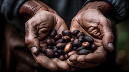 Close-up of a handful of cocoa beans in the hands of a farmerの素材