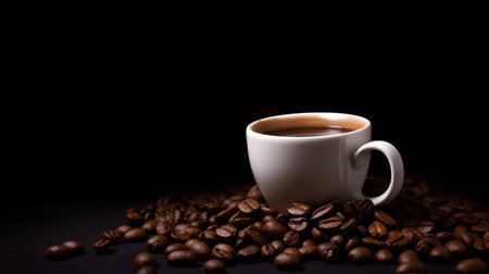 Coffee cup and coffee beans on a black background. Black background.の素材