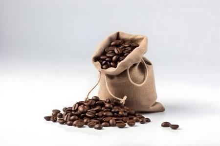 Coffee beans in a burlap sack on a white backgroundの素材