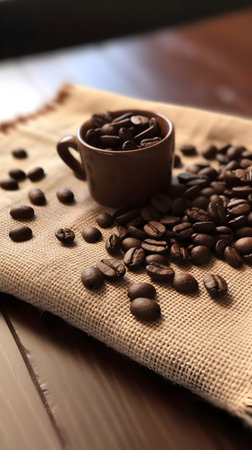 Coffee beans in a cup on burlap and wooden backgroundの素材