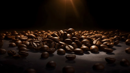 Coffee beans on a dark background with rays of light.の素材