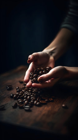 Coffee beans in the hands of a girl on a dark backgroundの素材