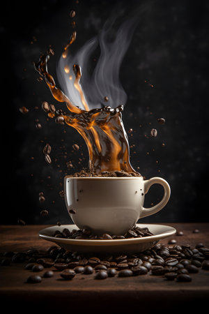 Coffee cup with smoke and coffee beans on wooden table.の素材