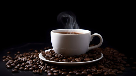 Coffee cup and coffee beans on a black background with copy spaceの素材