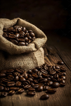 Coffee beans in a burlap bag on a wooden tableの素材