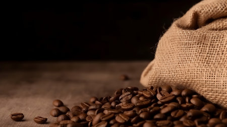 Coffee beans in a burlap bag on a wooden tableの素材