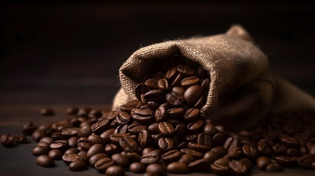 Coffee beans in a burlap bag on a wooden backgroundの素材