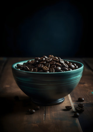Coffee beans in a bowl on a wooden table. Dark background.の素材