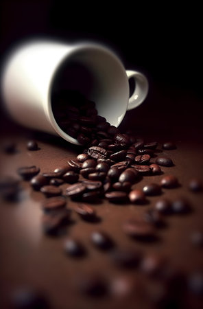 Coffee beans in a white cup on a dark background.の素材