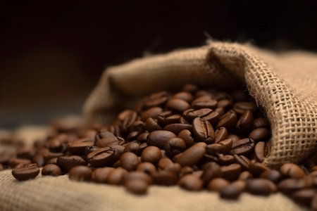 coffee beans in a burlap bag on a dark wooden backgroundの素材
