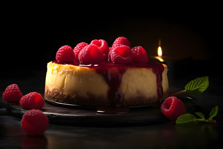 Cheesecake with raspberries and mint on a black backgroundの素材