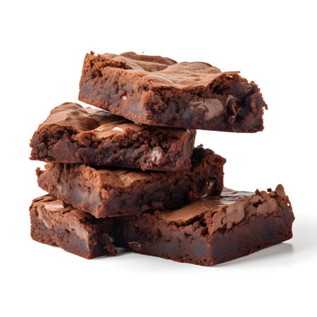 Chocolate fudge brownies stack isolated on white background cutoutの素材