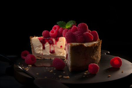 Piece of cheesecake with raspberries and mint on black backgroundの素材