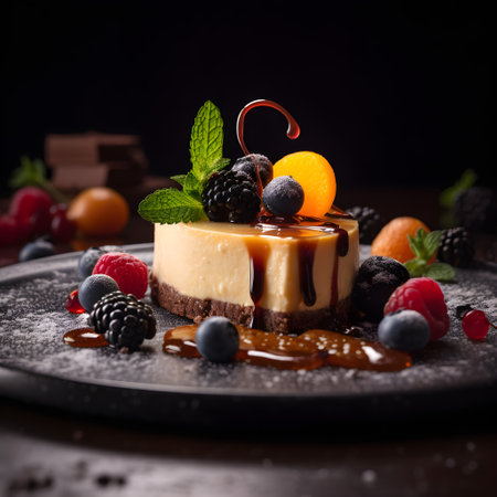 Panna cotta with caramel sauce and berries on a black backgroundの素材