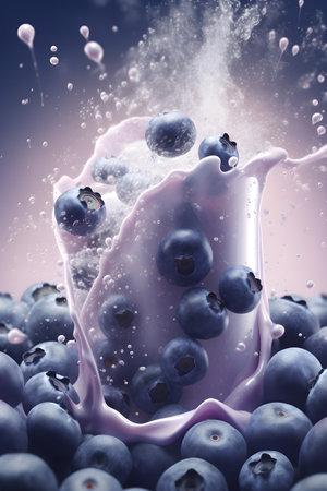 Milk splash with blueberries. 3d rendering toned imageの素材