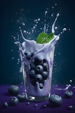Blueberry milk splash in glass with fresh berries on dark blue backgroundの素材