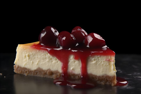 Cheesecake with cherry sauce on a black background, close-upの素材
