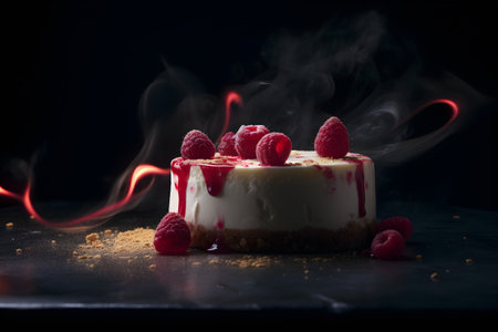 Cheesecake with raspberries on a black background with smokeの素材