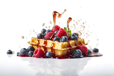 waffles with raspberries, blueberries and mint on a white backgroundの素材