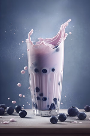Blueberry milk splashing out of a glass with blueberries.の素材