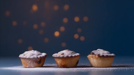 Muffins with powdered sugar on a blue background with bokehの素材