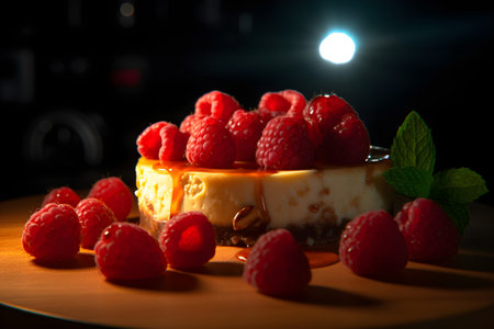 Cheesecake with raspberries and mint on a wooden boardの素材