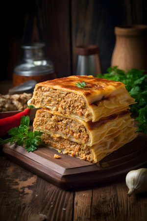 Pancake strudel with meat and vegetables on wooden backgroundの素材