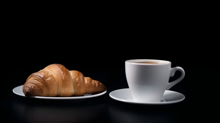 Coffee cup and croissant on black background with copy spaceの素材