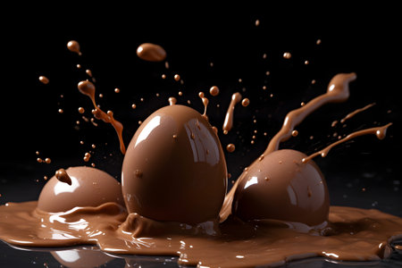 chocolate splashing on a brown egg, isolated on black backgroundの素材