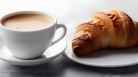 Coffee and croissant on a white background, close-upの素材
