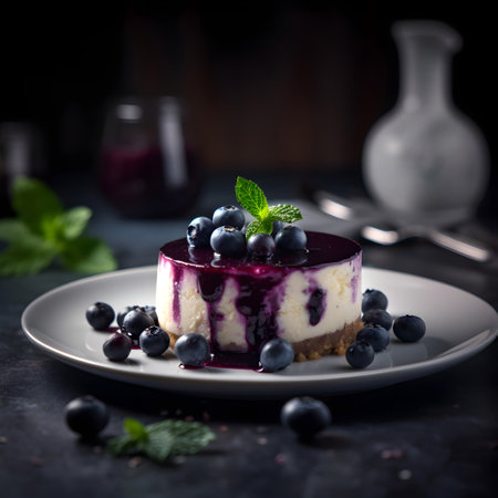 Cheesecake with fresh blueberries and mint on a dark backgroundの素材