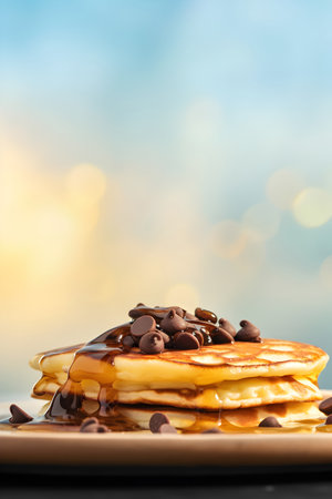 Stack of pancakes with chocolate and syrup on a plate on a blue backgroundの素材