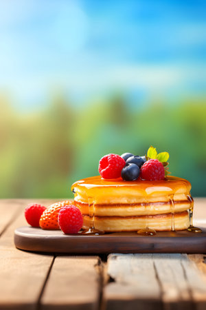 Stack of pancakes with fresh berries on wooden table in front of blurred backgroundの素材