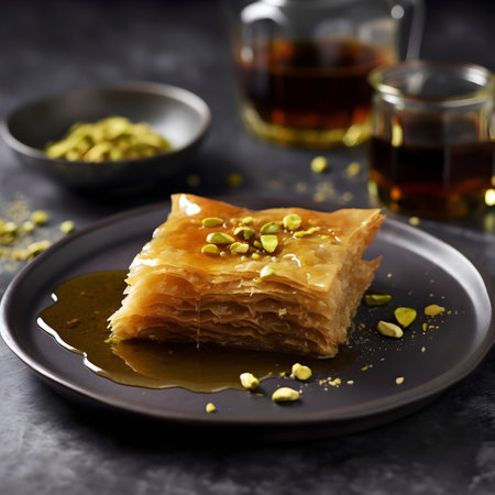 Traditional turkish dessert baklava with cashew, walnuts. toning. selective focusの素材