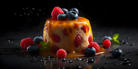 Panna cotta with fresh raspberries and blueberries on black backgroundの素材