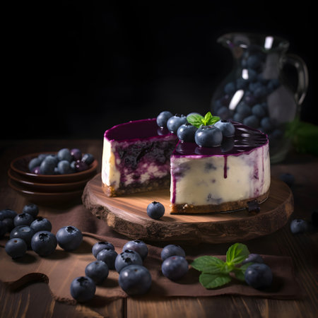 Blueberry cheesecake with fresh blueberries on rustic wooden backgroundの素材