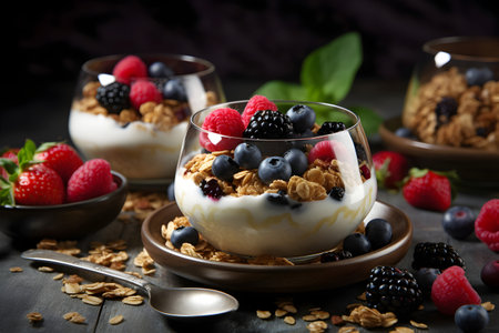 Greek yogurt with granola and fresh berries in glass bowls on wooden tableの素材