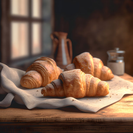 Croissants on a wooden table in a rustic style.の素材