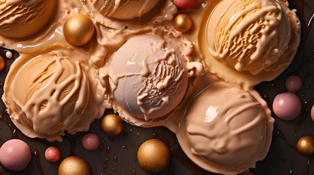 Delicious ice cream with chocolate and eggs as background, top viewの素材