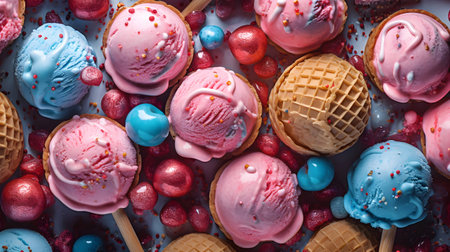 Colorful ice cream in waffle cones with berries and candiesの素材